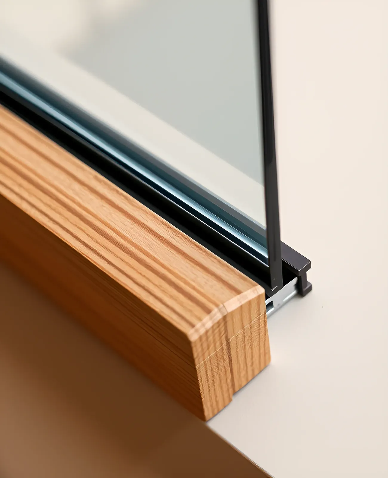 The mitred corner of an oak window frame meeting a bronze aluminium profile